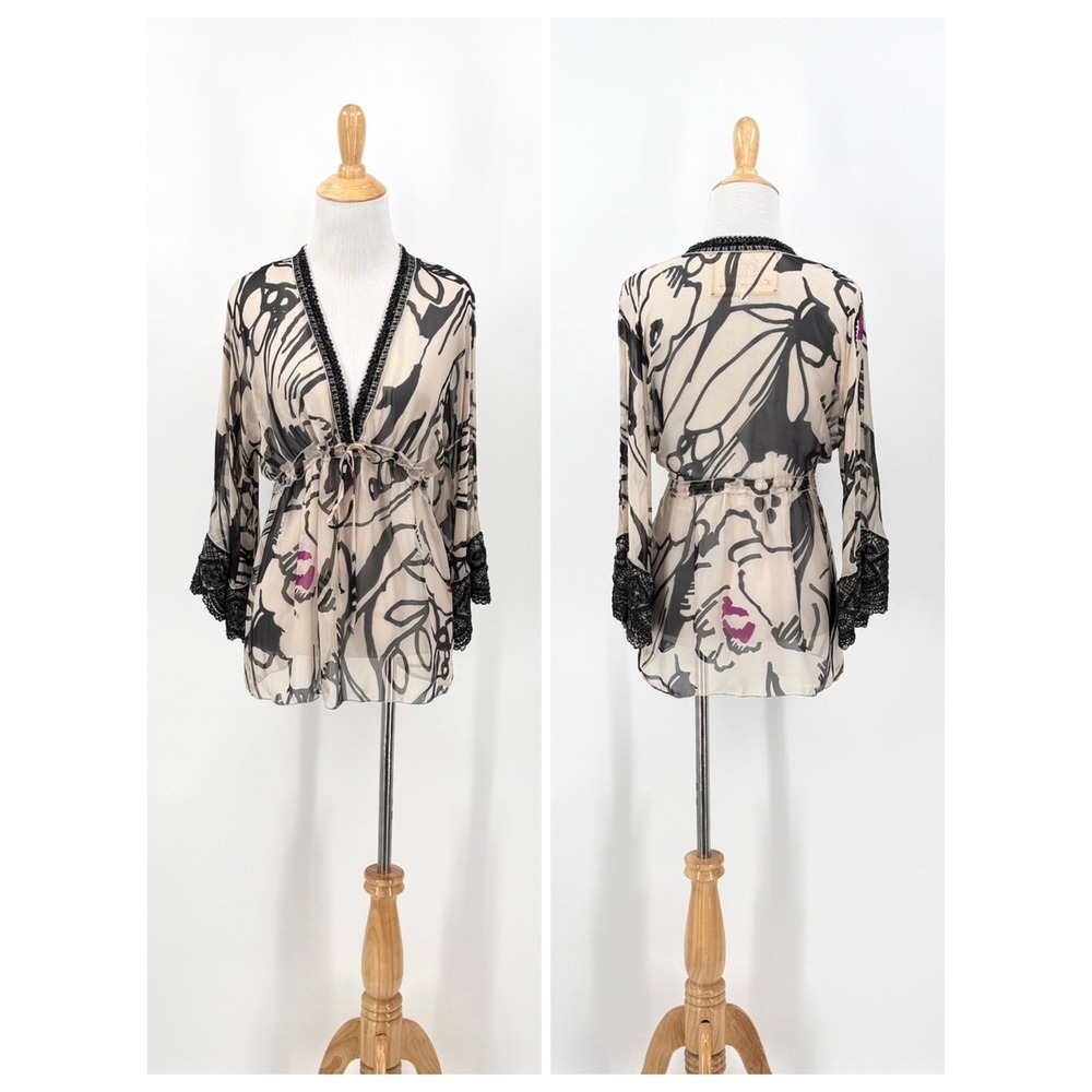 For Love and Liberty Blouse Women Extra Small Beige Floral Beaded Silk Sheer